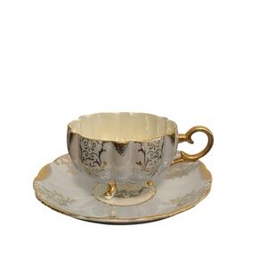 Royal Halsey Bone China Teacup and Saucer Set Lusterware 3 Footed Vintage